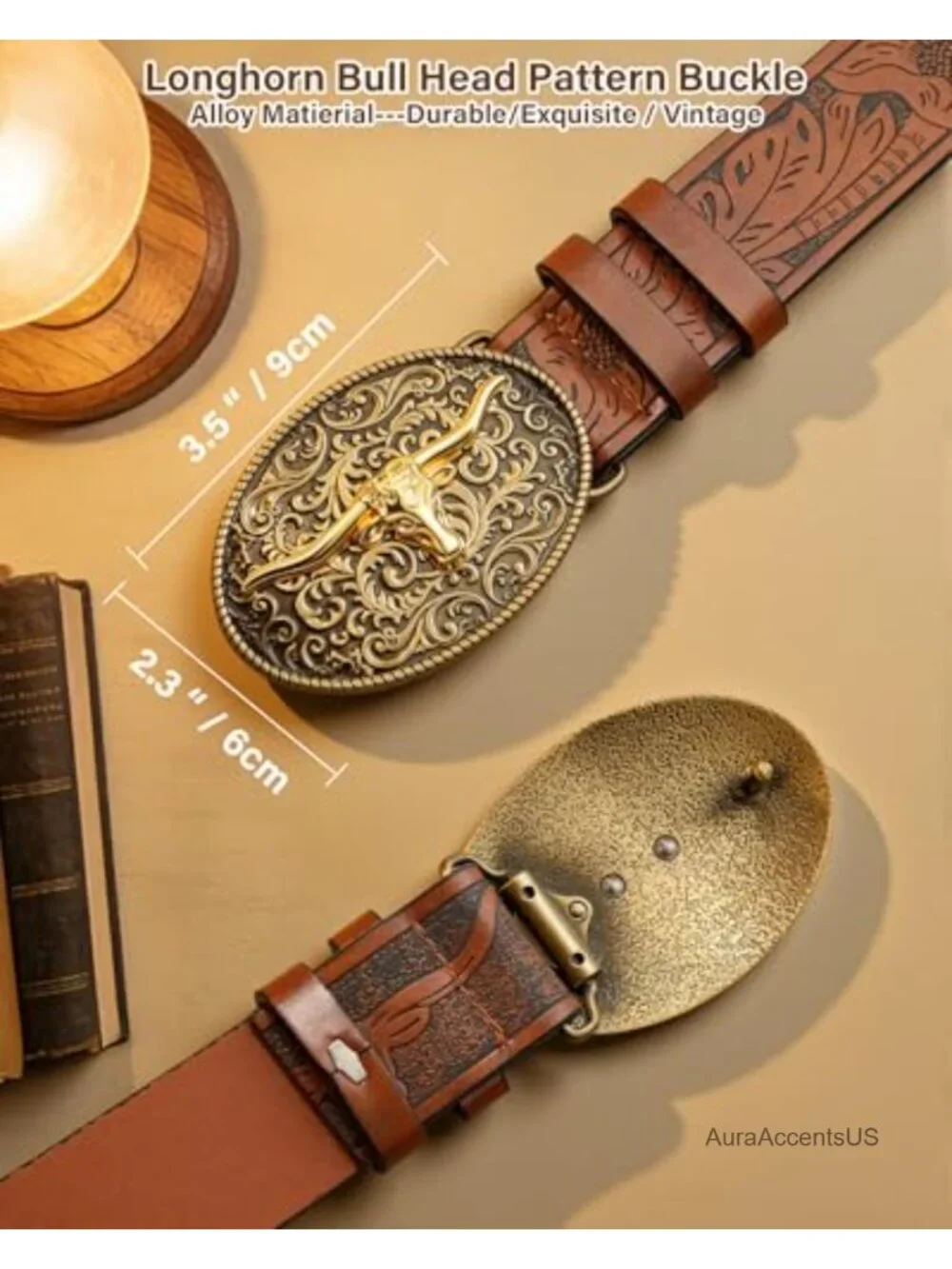 Western Cowgirl Belt with Bull Buckle Faux Leather Embossed